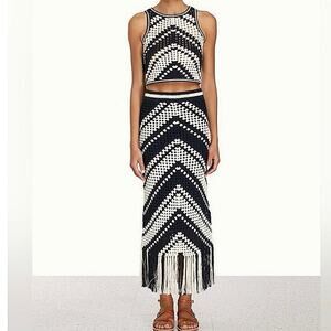 Anthropologie Ultra Pink Chevron Crochet Tank Top & Fringe Skirt 2 Piece Set L